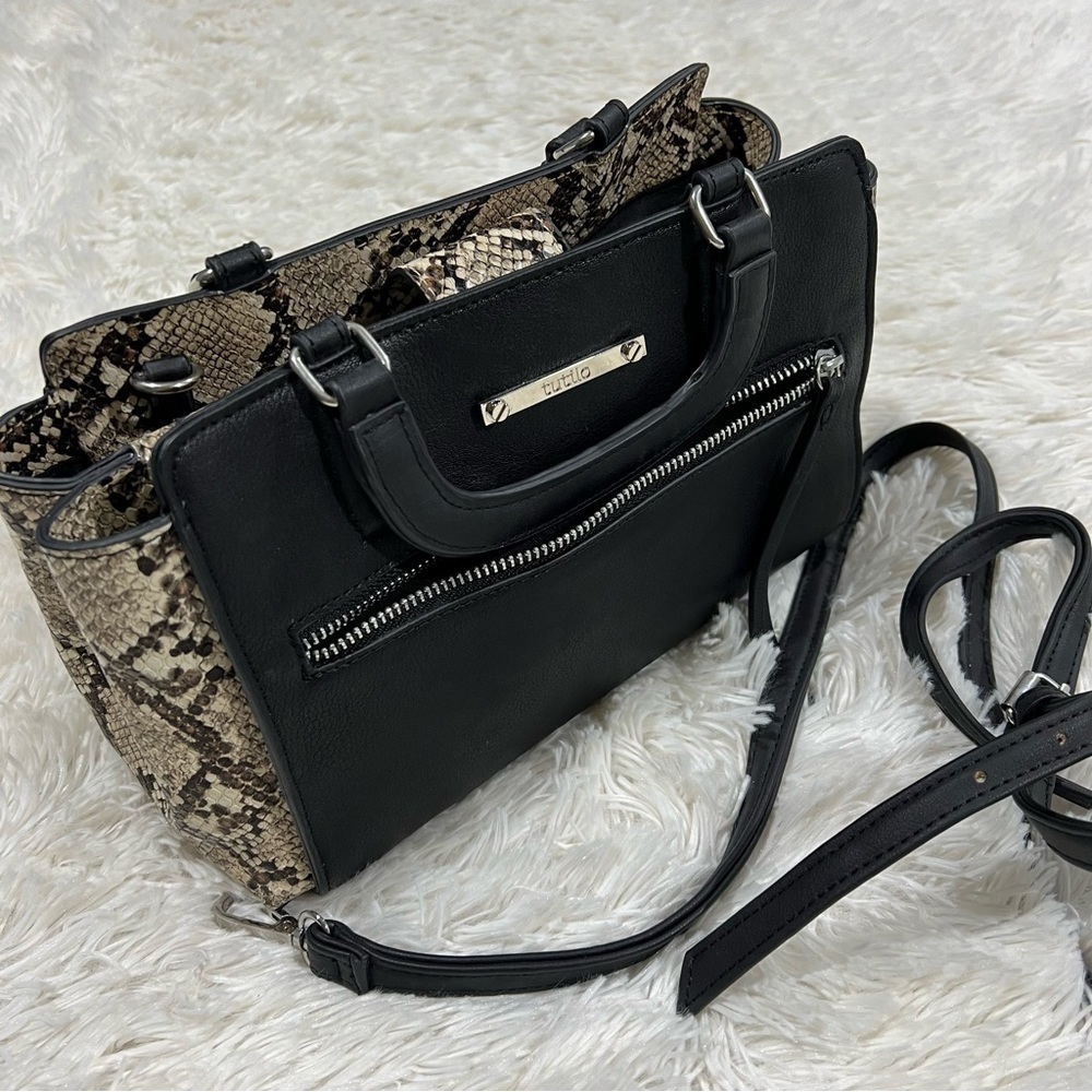 Tutilo New York Black w/Snake Skin Print Shoulder Crossbody Faux Leather Bag